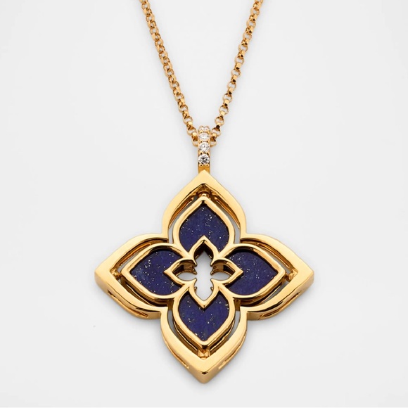 Roberto Coin Look-alike Blue Lapis & Gold Plated Pendant with Quatrefoil Design - Picture 2 of 9